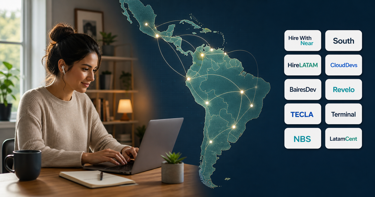 LATAM job seeker reviewing remote roles beside nearshoring agency logo badges.